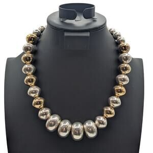 Vintage Chunky Silver & Gold Tone Heavy Beaded Barrel Clasp 21.5" Necklace